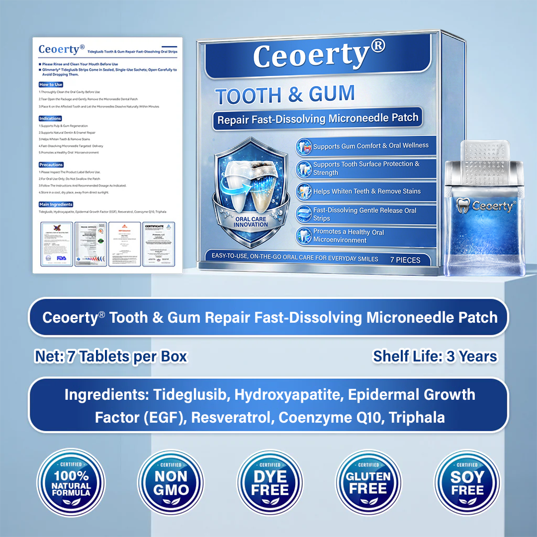 Ceoerty® Tooth & Gum Care Fast-Dissolving Microneedle Patch✨ (𝟓-𝐢𝐧-𝟏 💎 𝐑𝐞𝐛𝐮𝐢𝐥𝐝 𝐄𝐧𝐚𝐦𝐞𝐥 & 𝐃𝐞𝐧𝐭𝐢𝐧 • 𝐒𝐭𝐫𝐞𝐧𝐠𝐭𝐡𝐞𝐧 𝐆𝐮𝐦𝐬 • 𝐄𝐫𝐚𝐝𝐢𝐜𝐚𝐭𝐞 𝐓𝐚𝐫𝐭𝐚𝐫 & 𝐎𝐝𝐨𝐫 • 𝐖𝐡𝐢𝐭𝐞𝐧𝐢𝐧𝐠 • 𝐒𝐭𝐨𝐩 𝐓𝐨𝐨𝐭𝐡 𝐒𝐞𝐧𝐬𝐢𝐭𝐢𝐯𝐢𝐭𝐲)