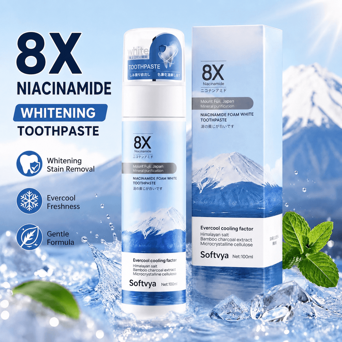 Niacinamide Foaming Whitening Toothpaste 8X - Fresh Breath Stain Removal Gentle Teeth Cleaning